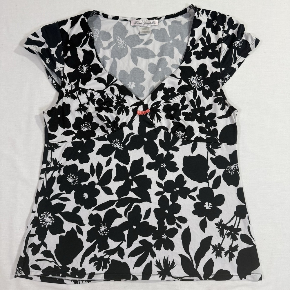 Linea Donatella Black & White Floral Short Sleeve Pullover Blouse Size M Y2K
